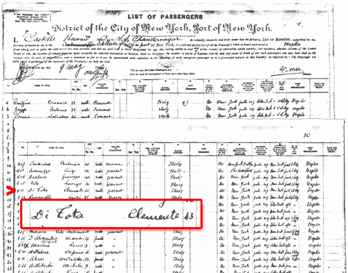 Clemente di Tota - 1896 Passenger Manifest (Port of New York)